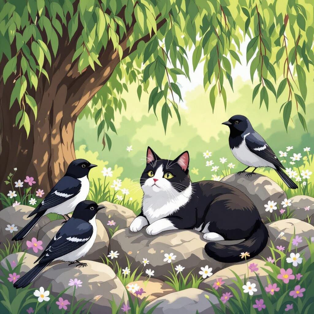 Tuxedo Cat Observed by Birds in Anime Style