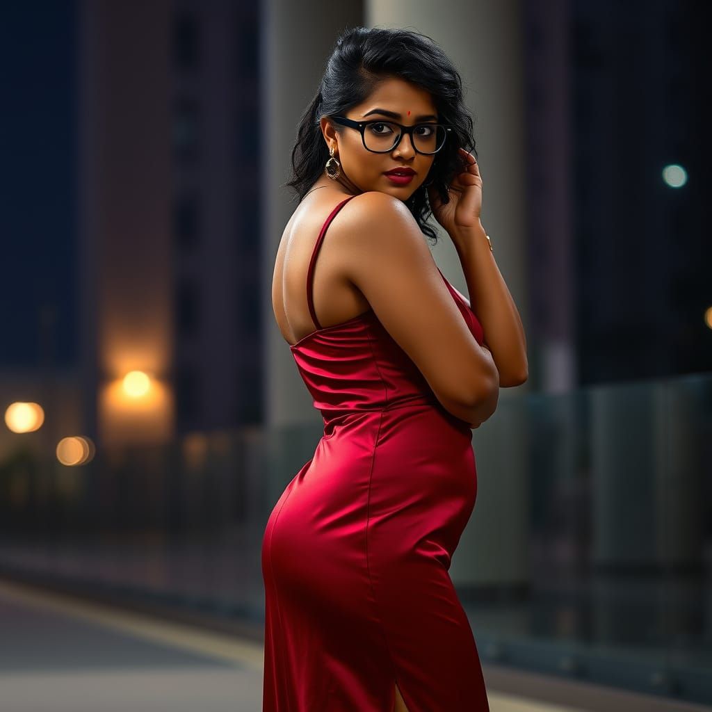 Curvy Indian Woman in Red Dress in City