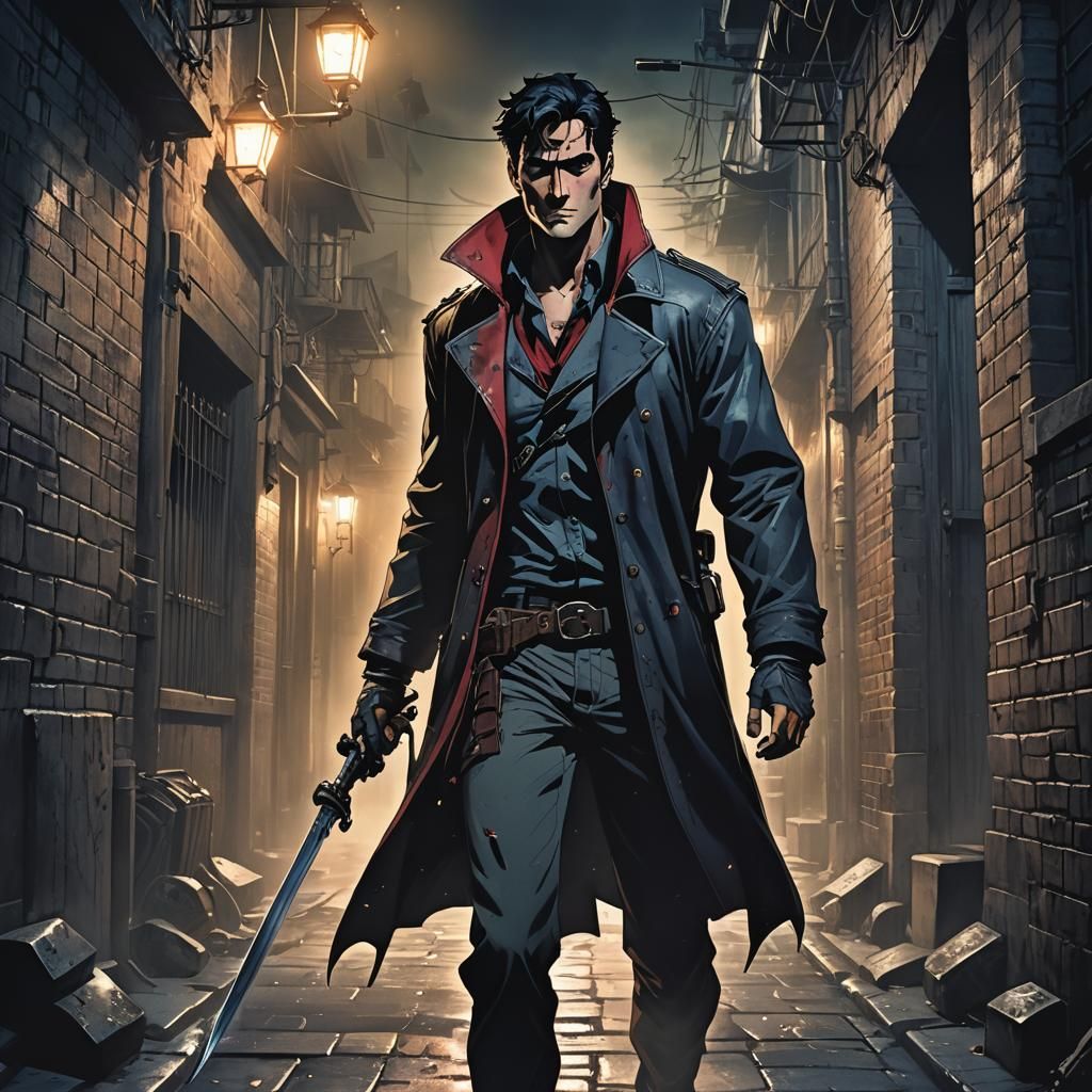 Anime Ash Williams in Gothic City Alleyway
