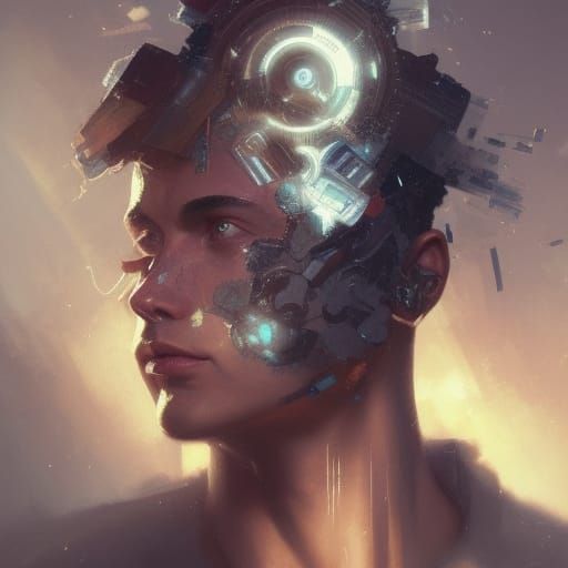 Steampunk Mind Portrait with Lightning, Hyperdetailed Art