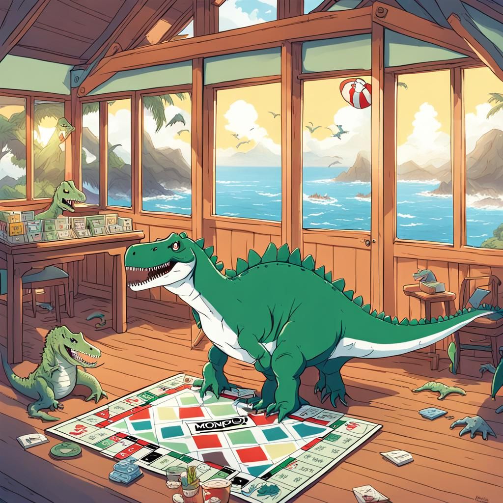 Spinosaurus and T-Rex Play Monopoly in Anime Style