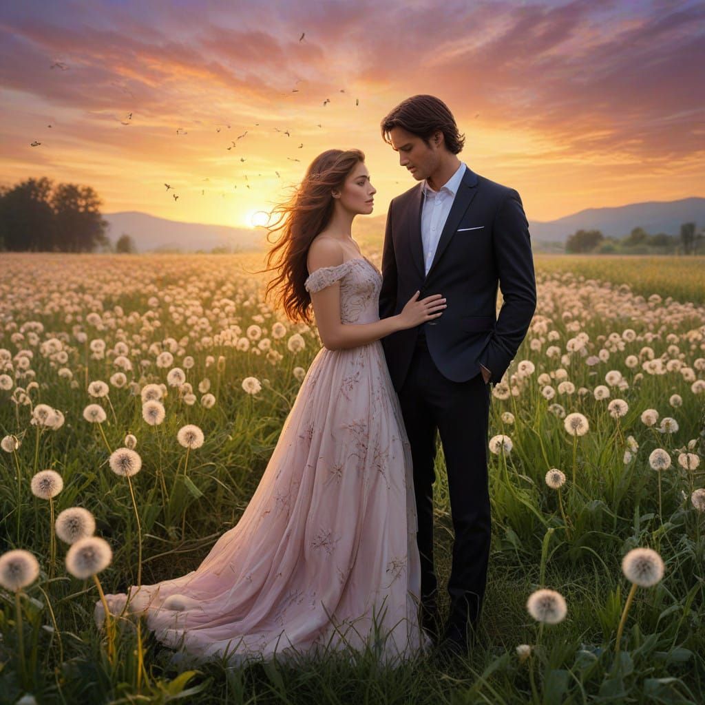 Romantic Whimsy in a Sunset Dandelion Field