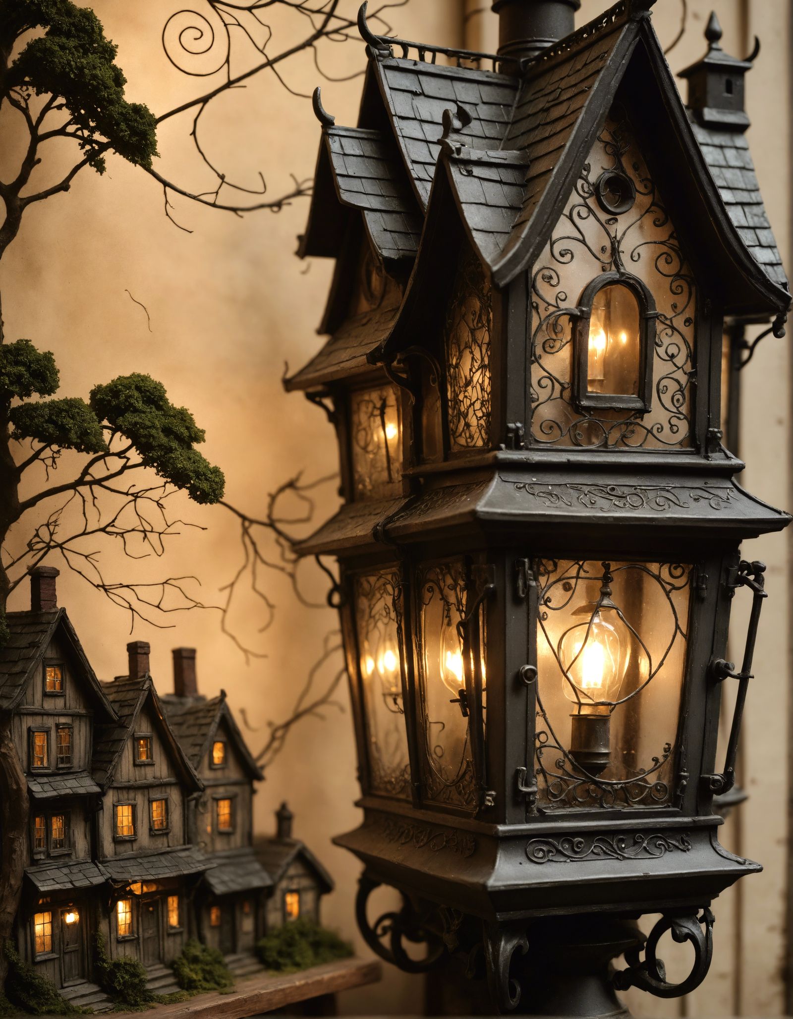 Miniature House Inside Street Lamp: Hyperdetailed Mixed Medi...