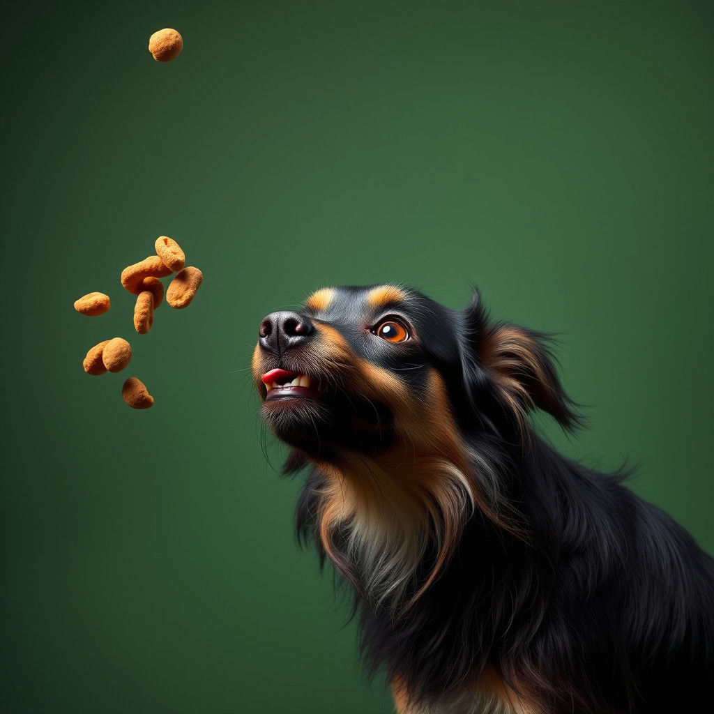 Puli Dog Mid-Air Kibble Leap: Studio Shot
