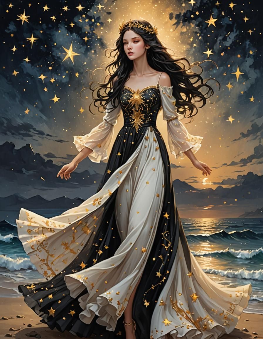 Magical Fairy with Golden Stars by the Ocean