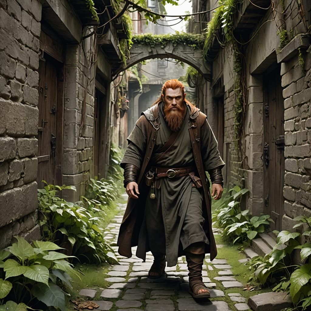 Half-Orc Monk Wandering a Dilapidated Alley: Fantasy Art
