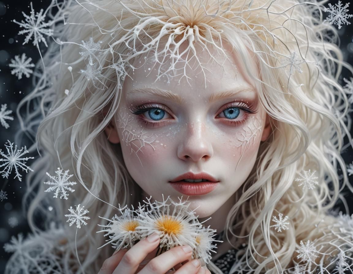 fantasy albino girl with frozen dandelions