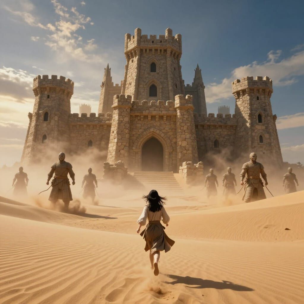 Asian Woman Flees Sand Soldiers to Castle in Twilight