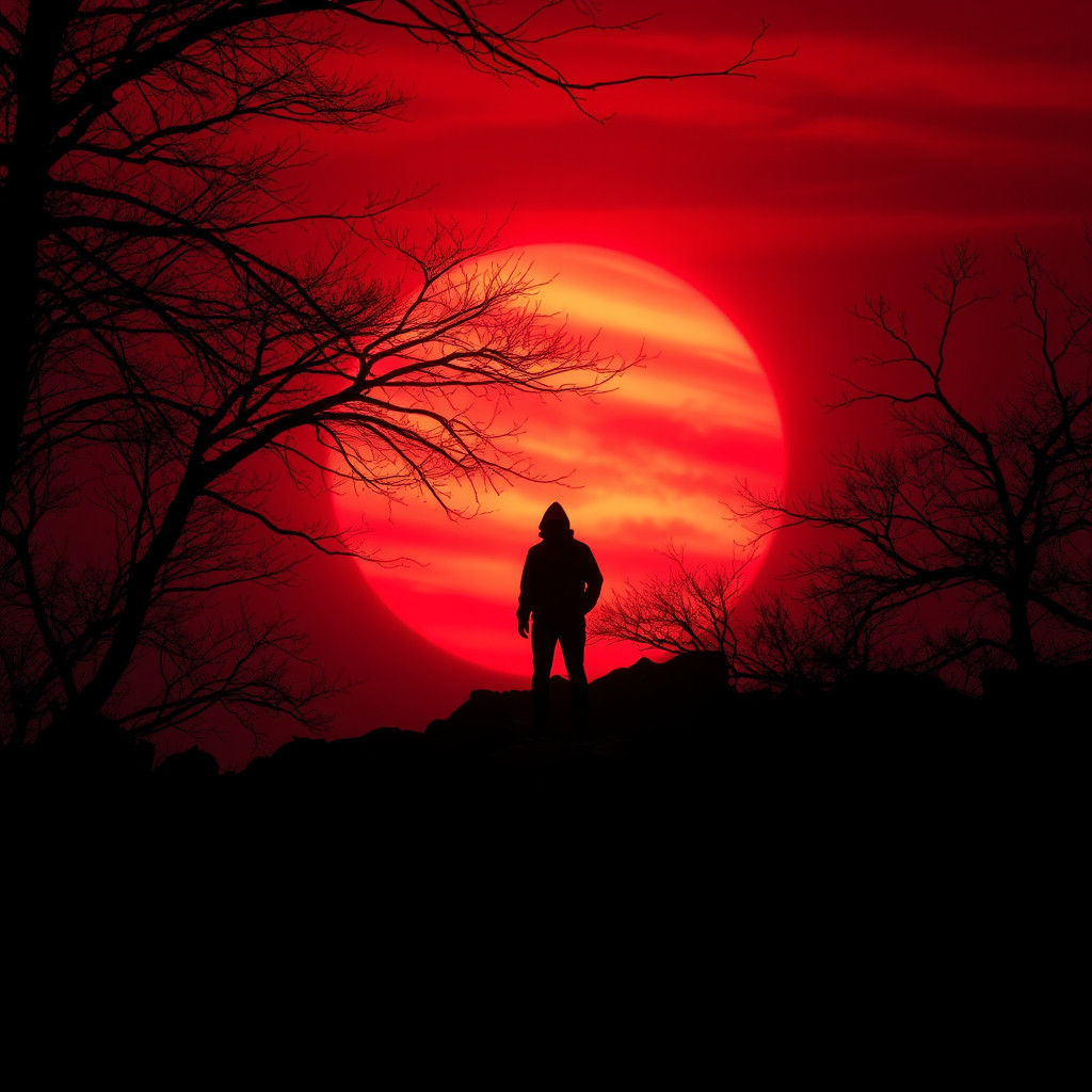 Dramatic Silhouette Against a Dark Red Sunset