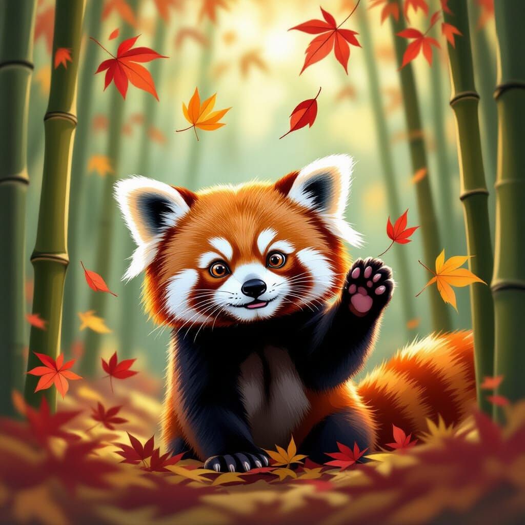 Mischievous Red Panda in Autumn Bamboo Forest