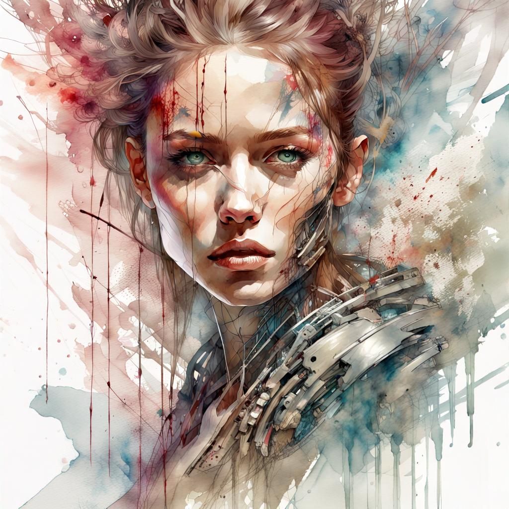 Futuristic Biomechanical Woman in Digital Watercolor Art