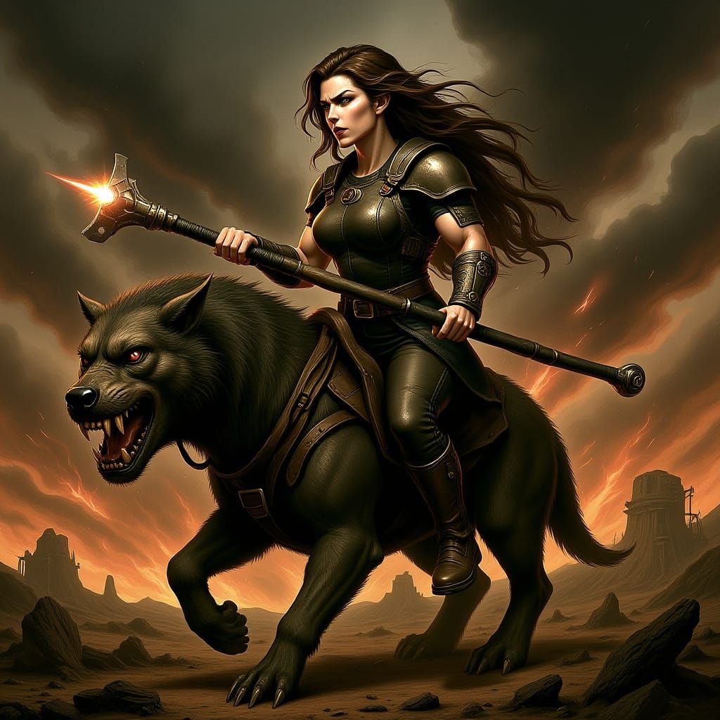 Armored Warrior Rides Giant Wolf in Wasteland