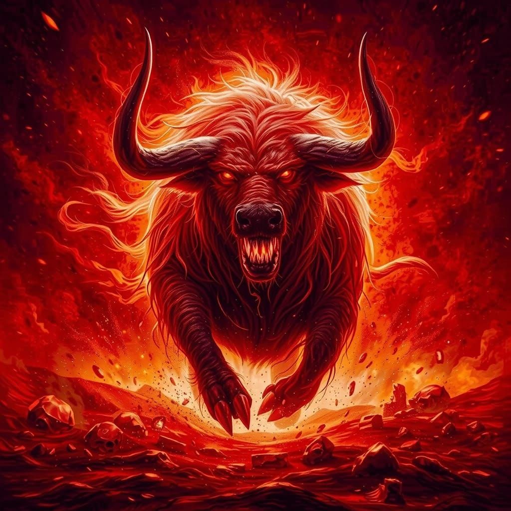 Fiery Demonic Bull Charges in Metal Album Art