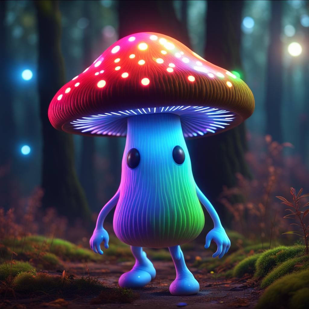 Mushroom Wizard with Rainbow Sparks, 3D Render