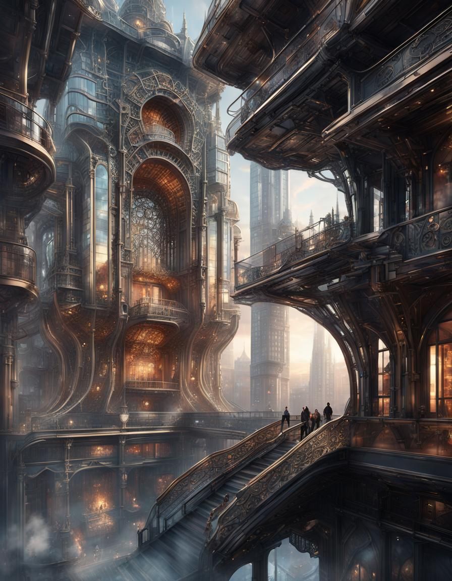 Futuristic Steampunk Building with Interior Flames