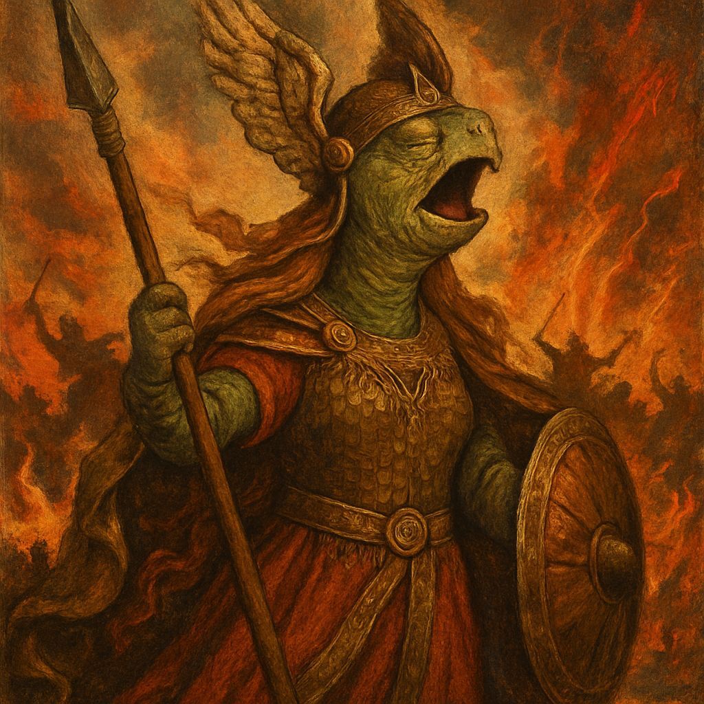 Valkyrie Turtle Signals Ragnarök in Viking Art Style