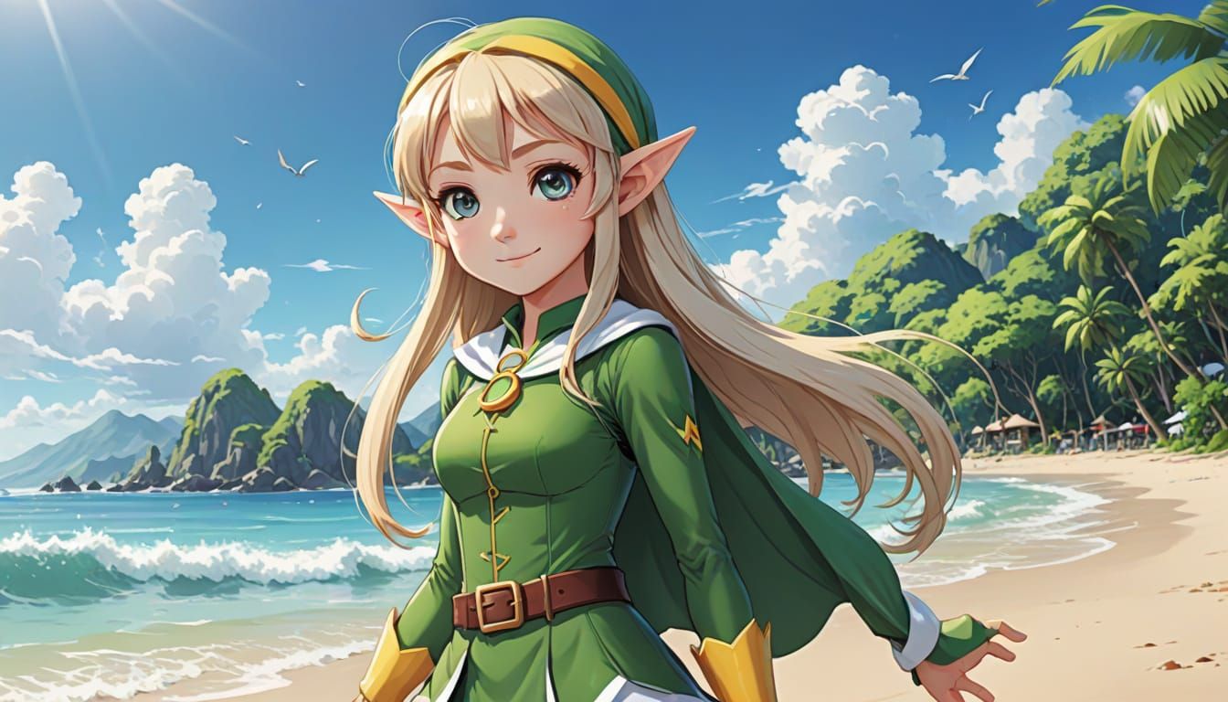 Cute Elf Superhero on Wave Beach in Anime Style