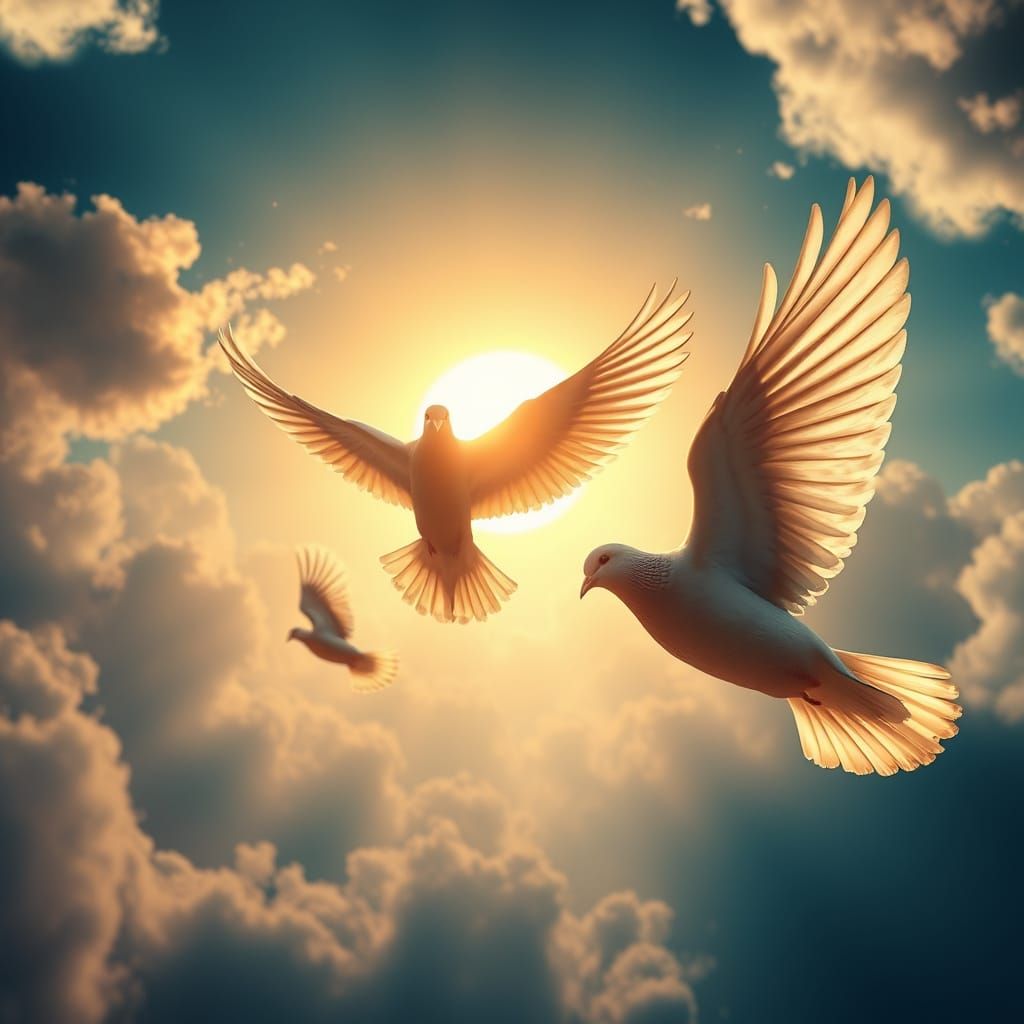 Doves Soar into a Vibrant Sunset in a Fantastical Matte Pain...