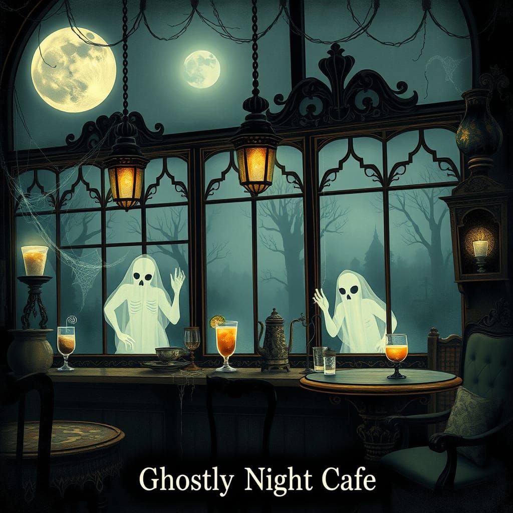 Ghostly Coffeehouse Serving Spectral Drinks in Moonlit Gothi...