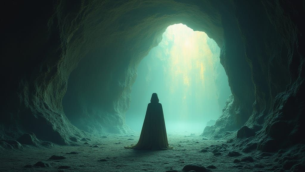 A Hooded Figure Illuminated by an Ancient Cave's Ethereal Gl...