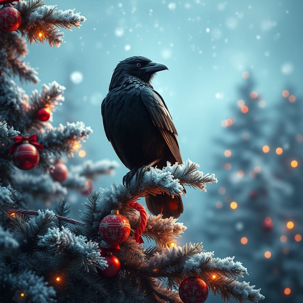Majestic Crow Amidst Frosty Christmas Wonderland