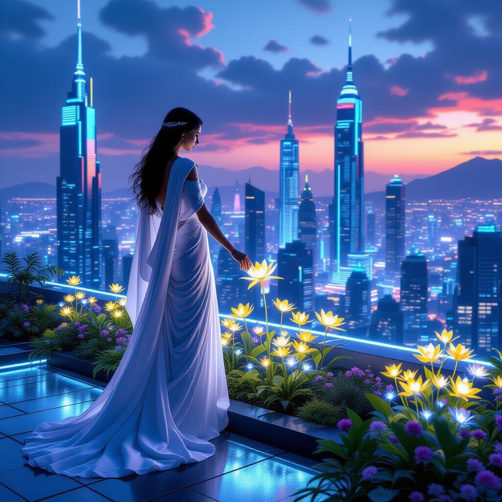Goddess in Cyberpunk Garden with Bioluminescent Flora