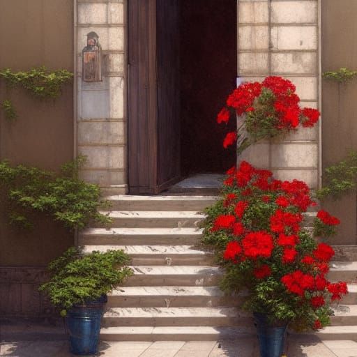 Red Geraniums on Marble Doorstep, Hyperdetailed Splash Art