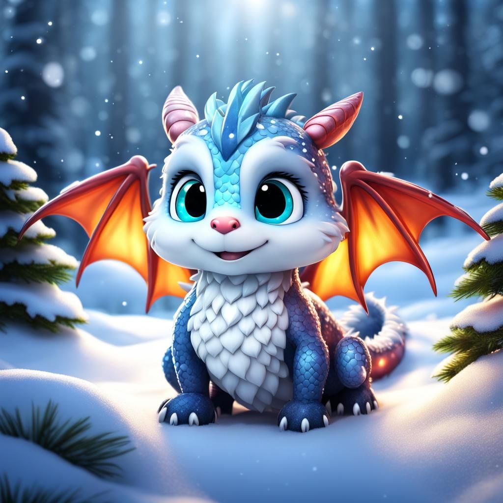 Adorable Chibi Dragon in Snowy Forest