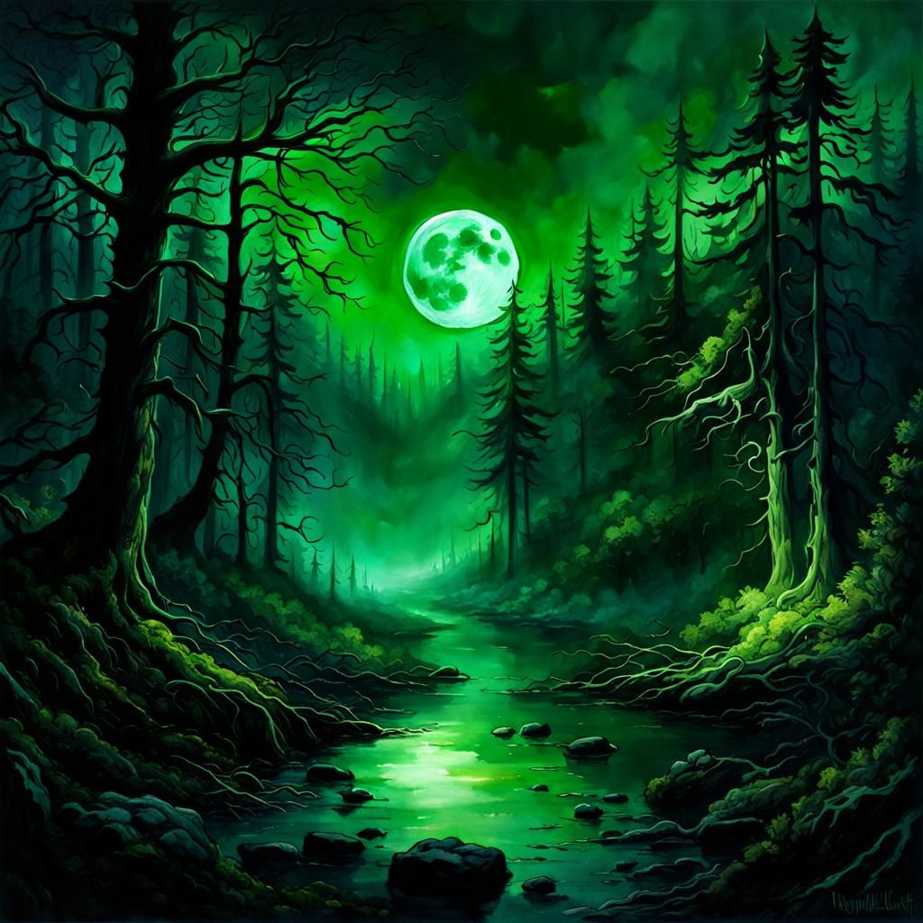 Grimdark Moon Over Dark Forest in Watercolour