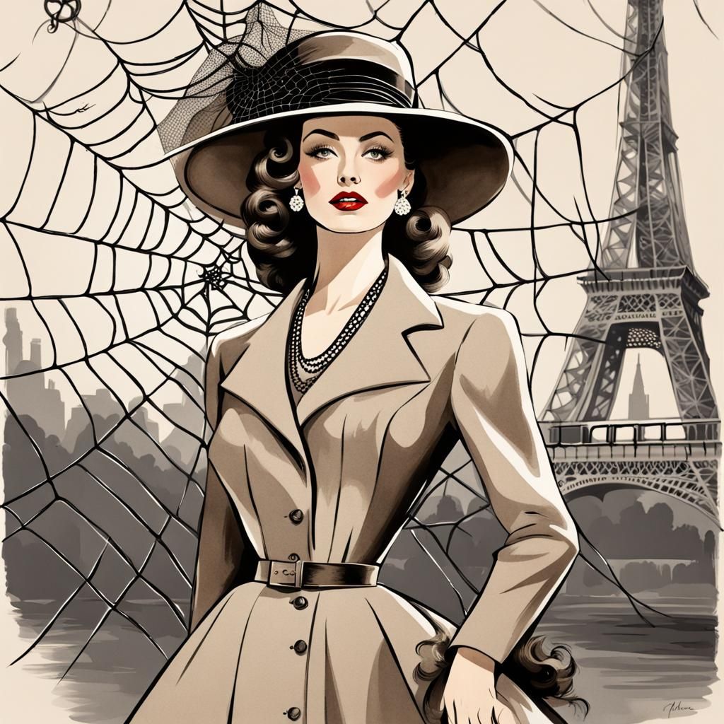 Parisian Fashion Illustration with Spiderweb Details