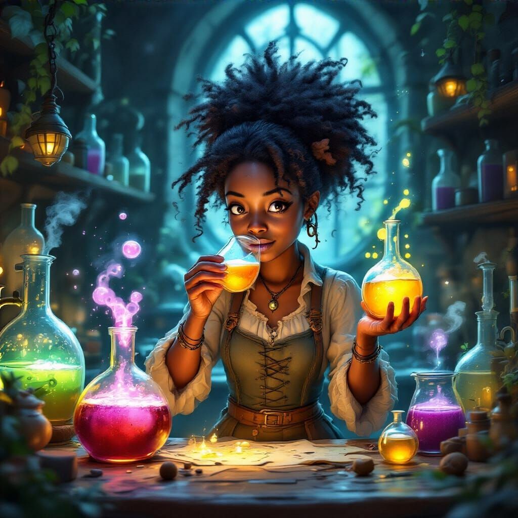 African American Potion Tester in Magical Lab