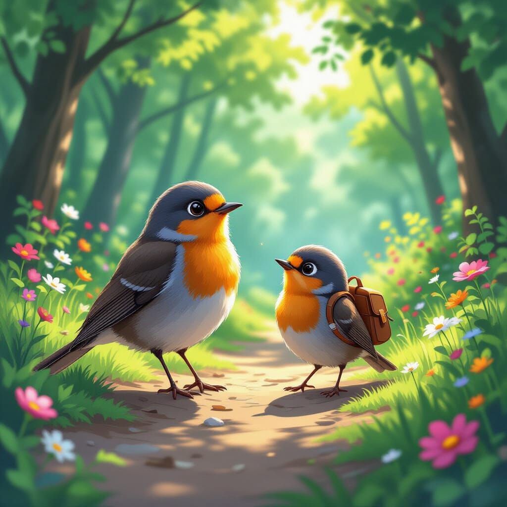 Anime Robin Family on Woodland Path