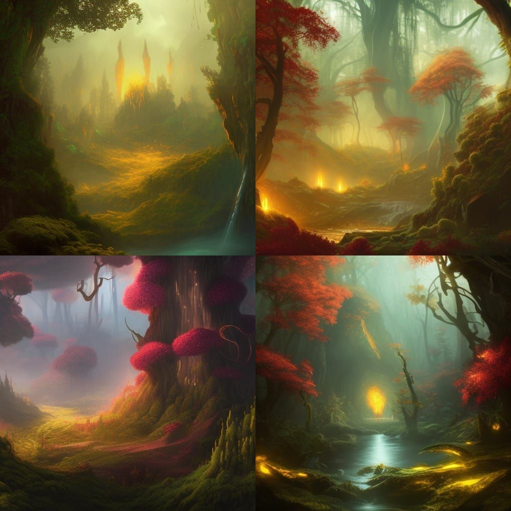 Forest Scene: Fire Mage vs Golden Giant in Fantasy Art