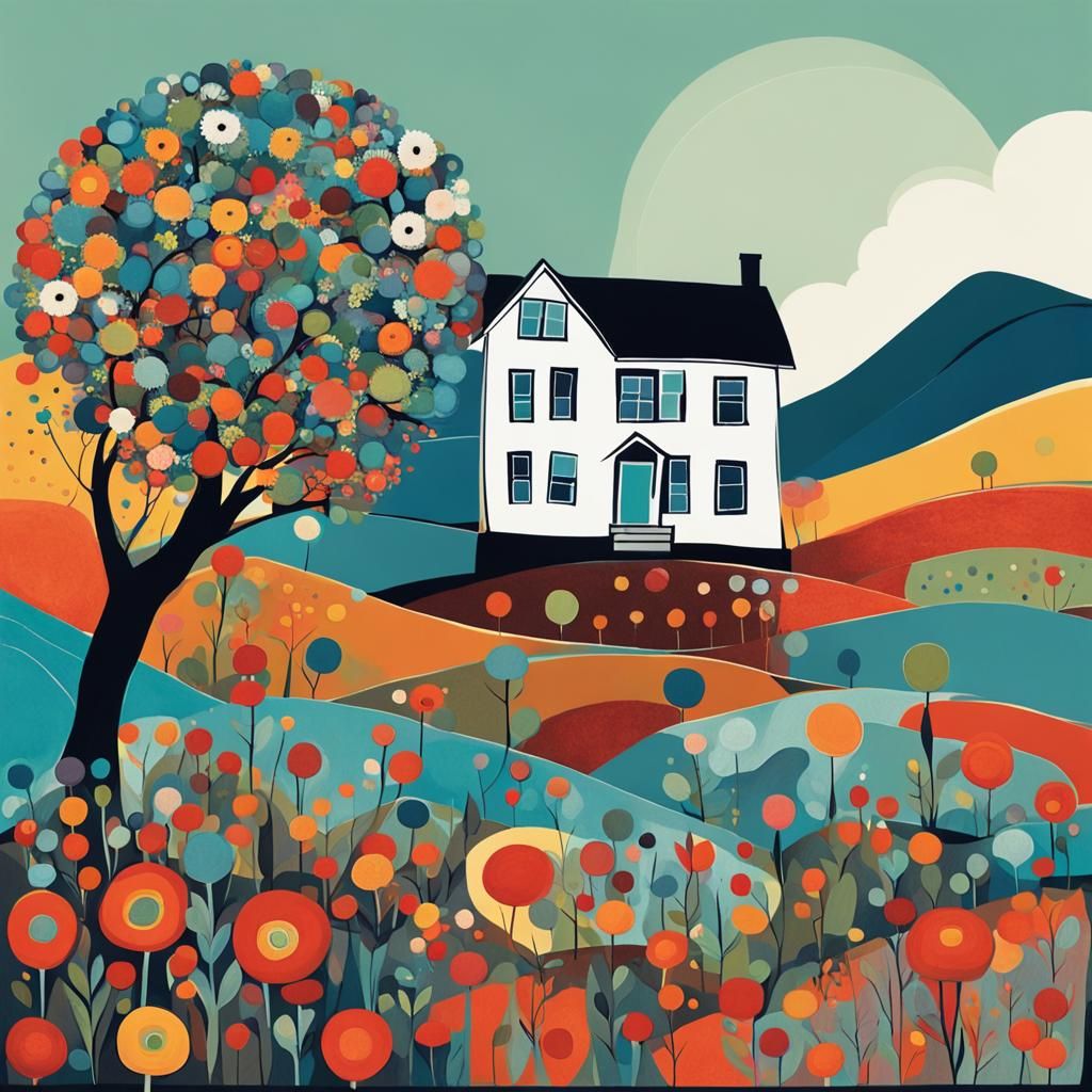 House and Tree on Hill in Abstract Style