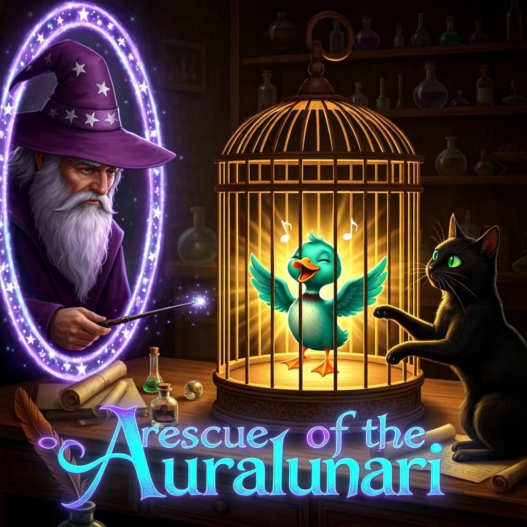 Magical Workshop with Glowing Duck and Focused Cat