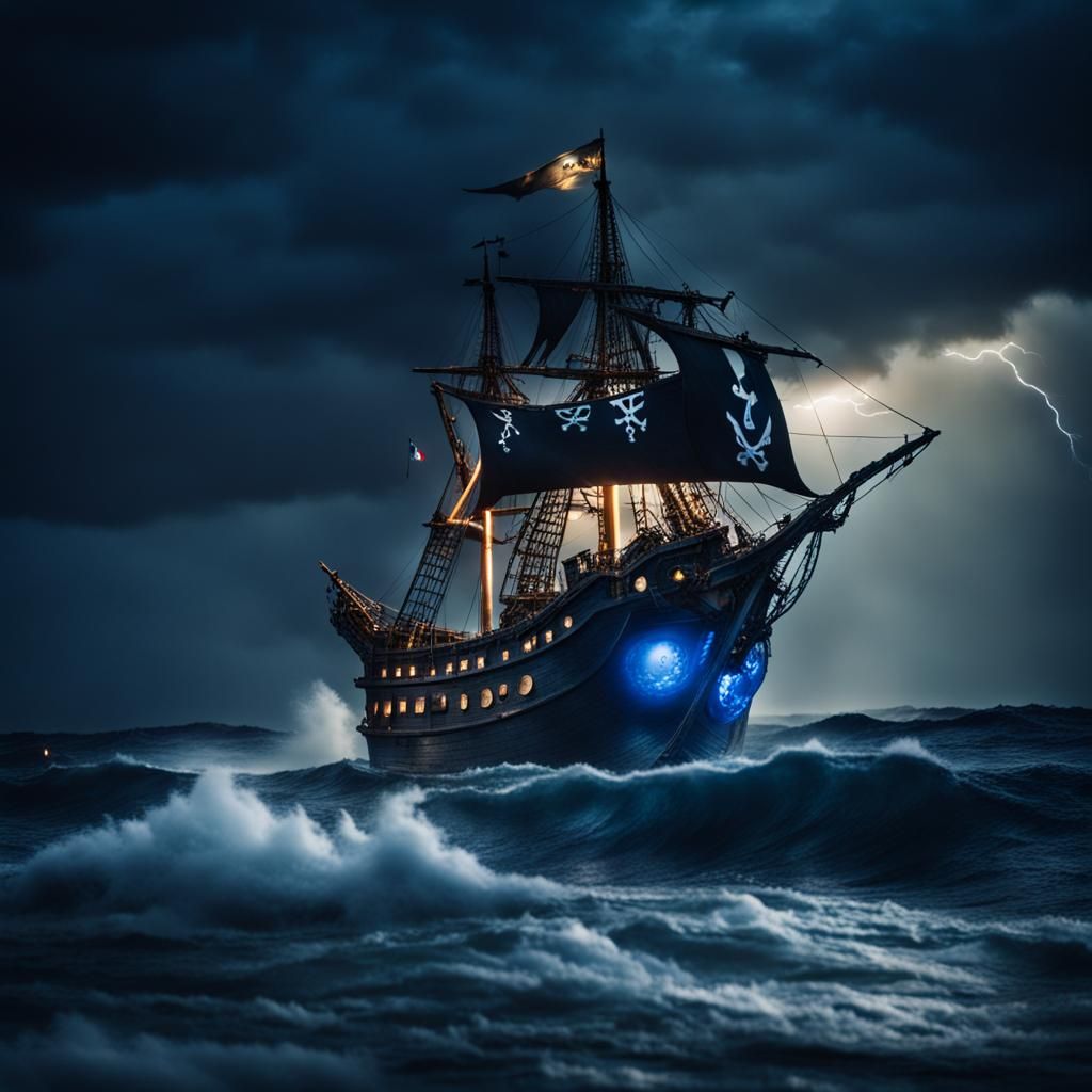 Pirate Ship and Sea Serpent in Stormy Seas