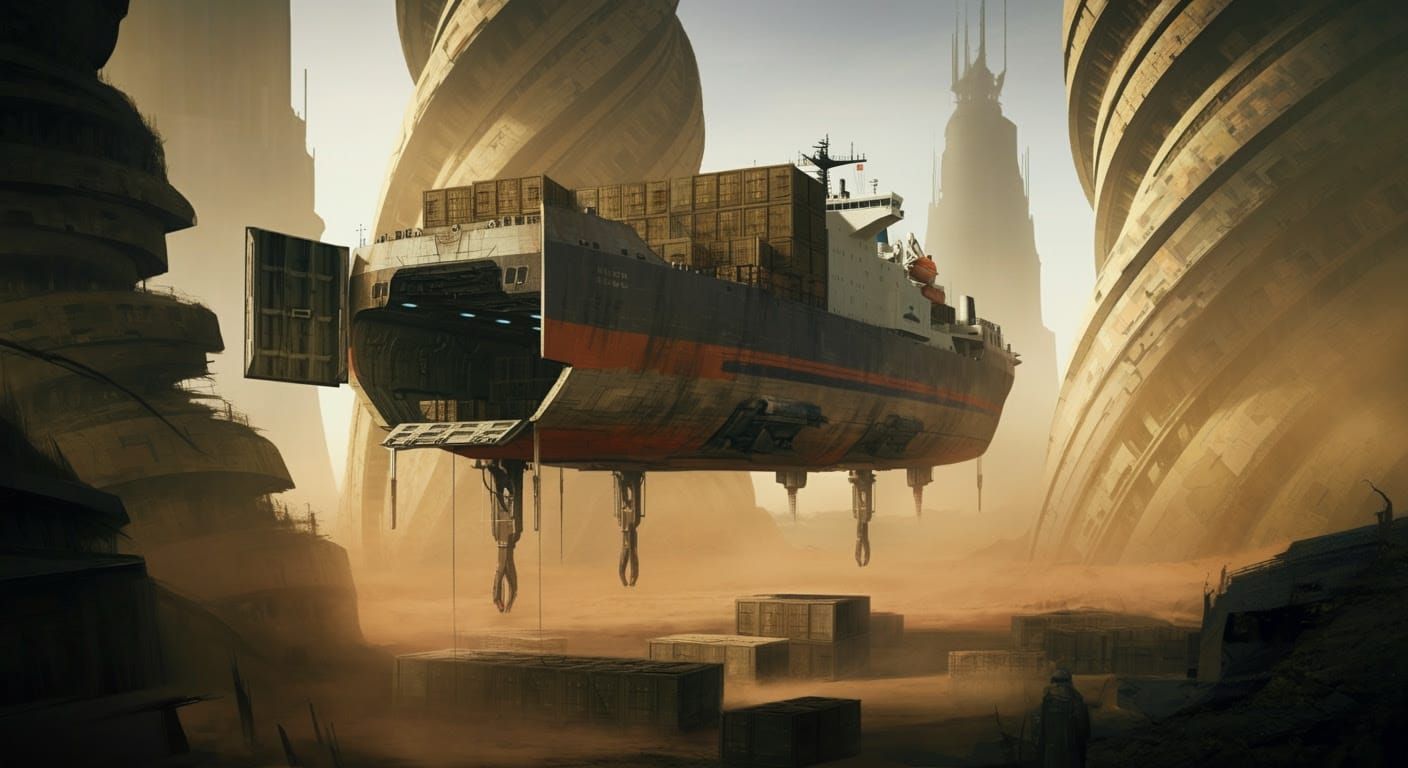 Alien Cargo Ship Unloading in Gritty Sci-Fi Town