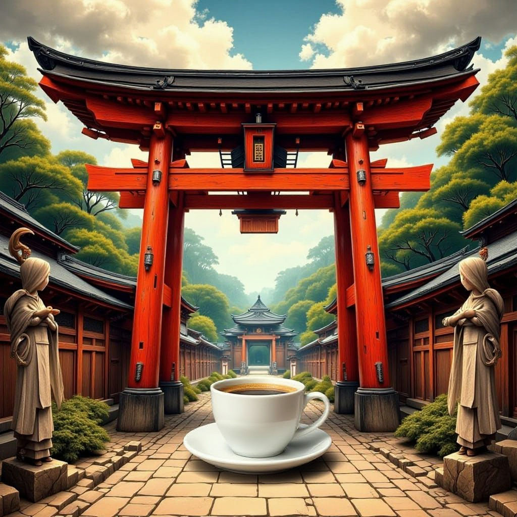 Coffee and Torii Gate Logo in Hyperreal Style