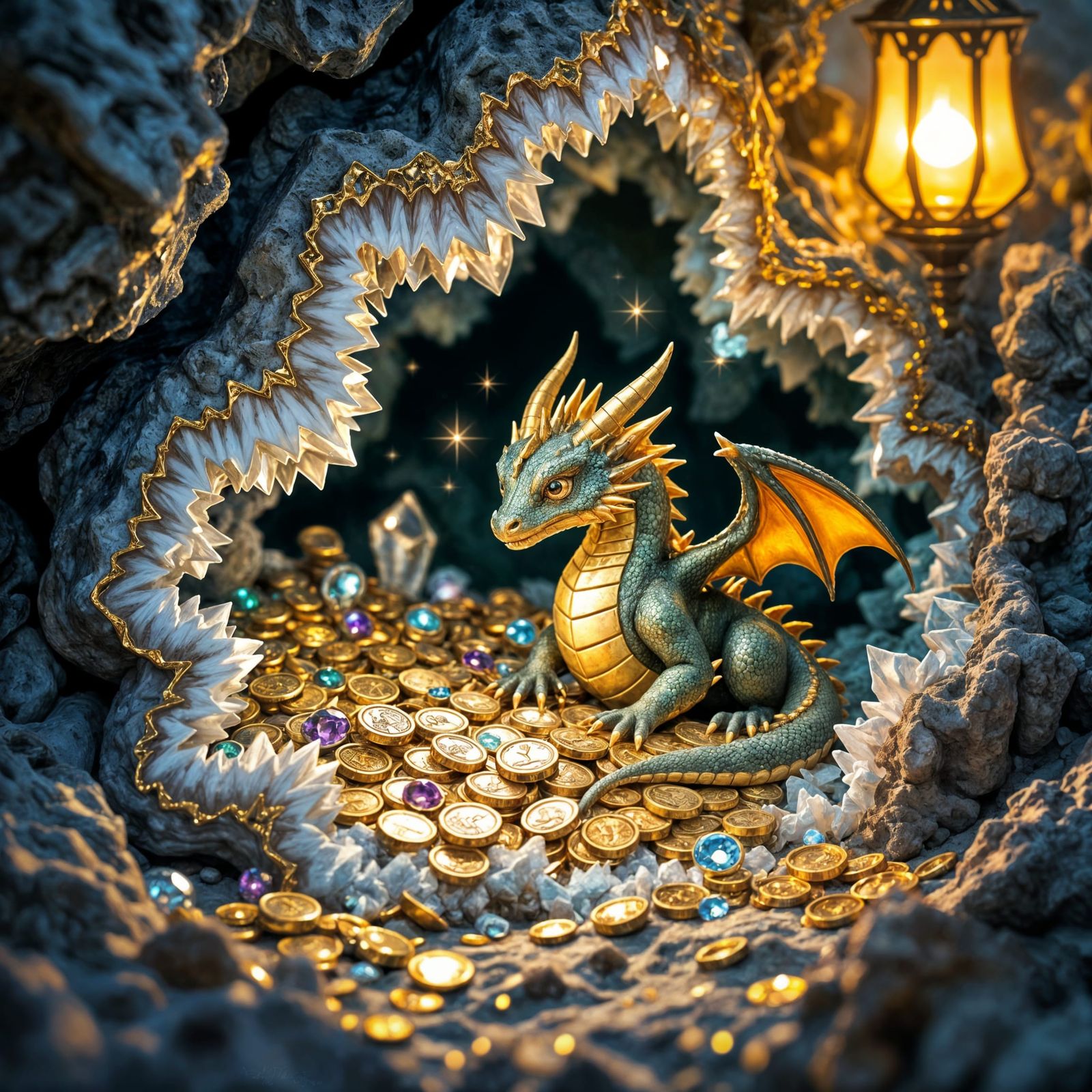 Miniature Dragon's Hoard in Geode: Photorealistic Art