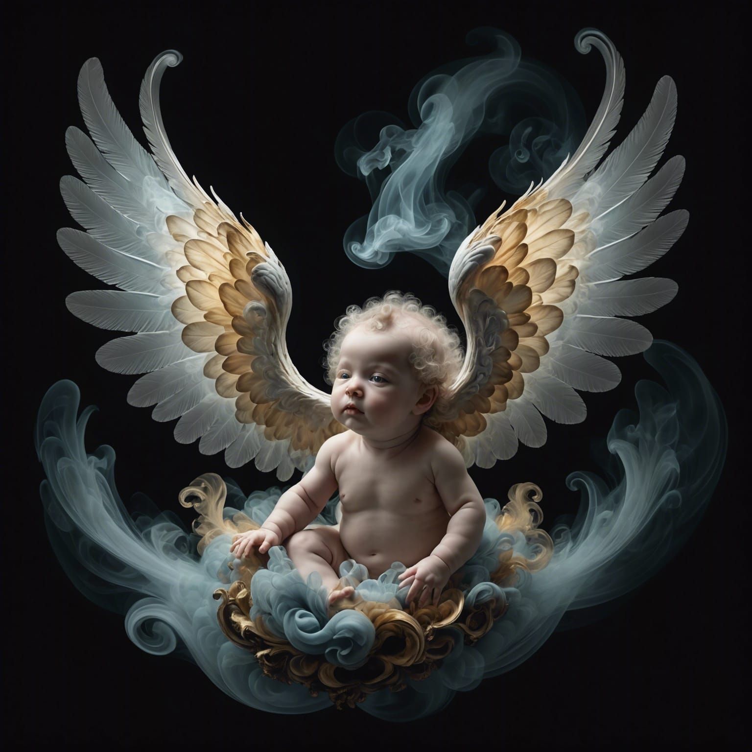 Surreal Embryo with Angel Wings in Rococo Style