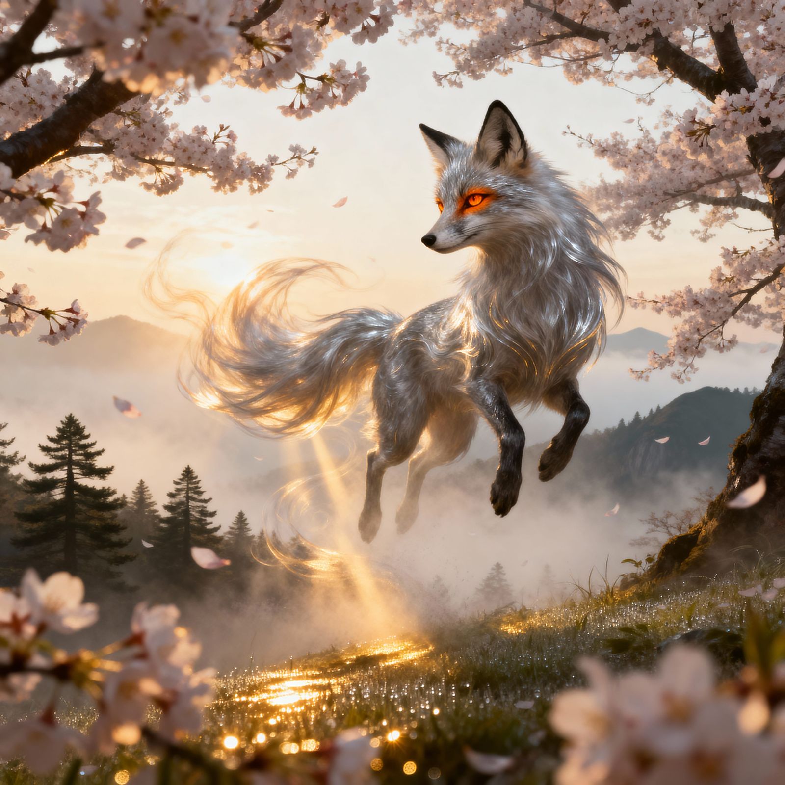 Majestic Kitsune Among Cherry Blossoms at Sunrise