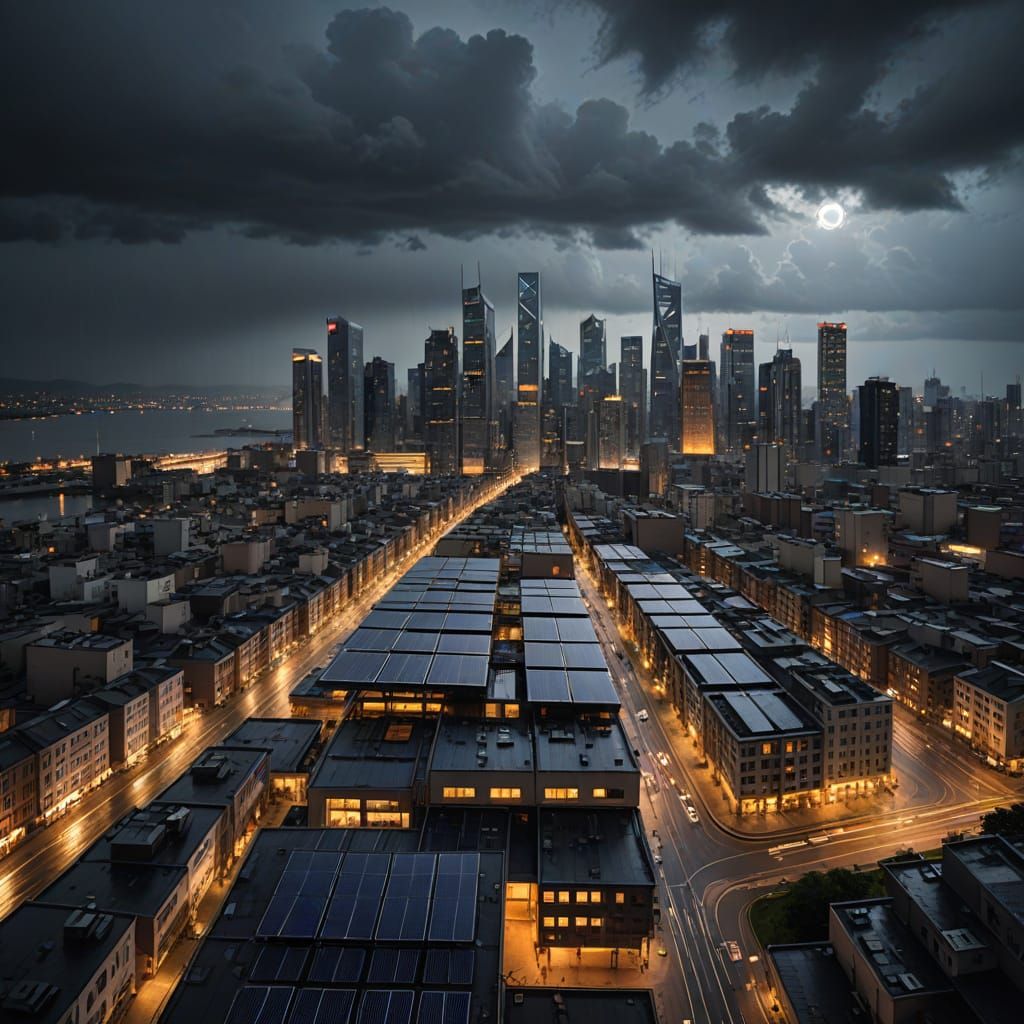 Surreal Solarpunk City Under Rainy Evening Sky