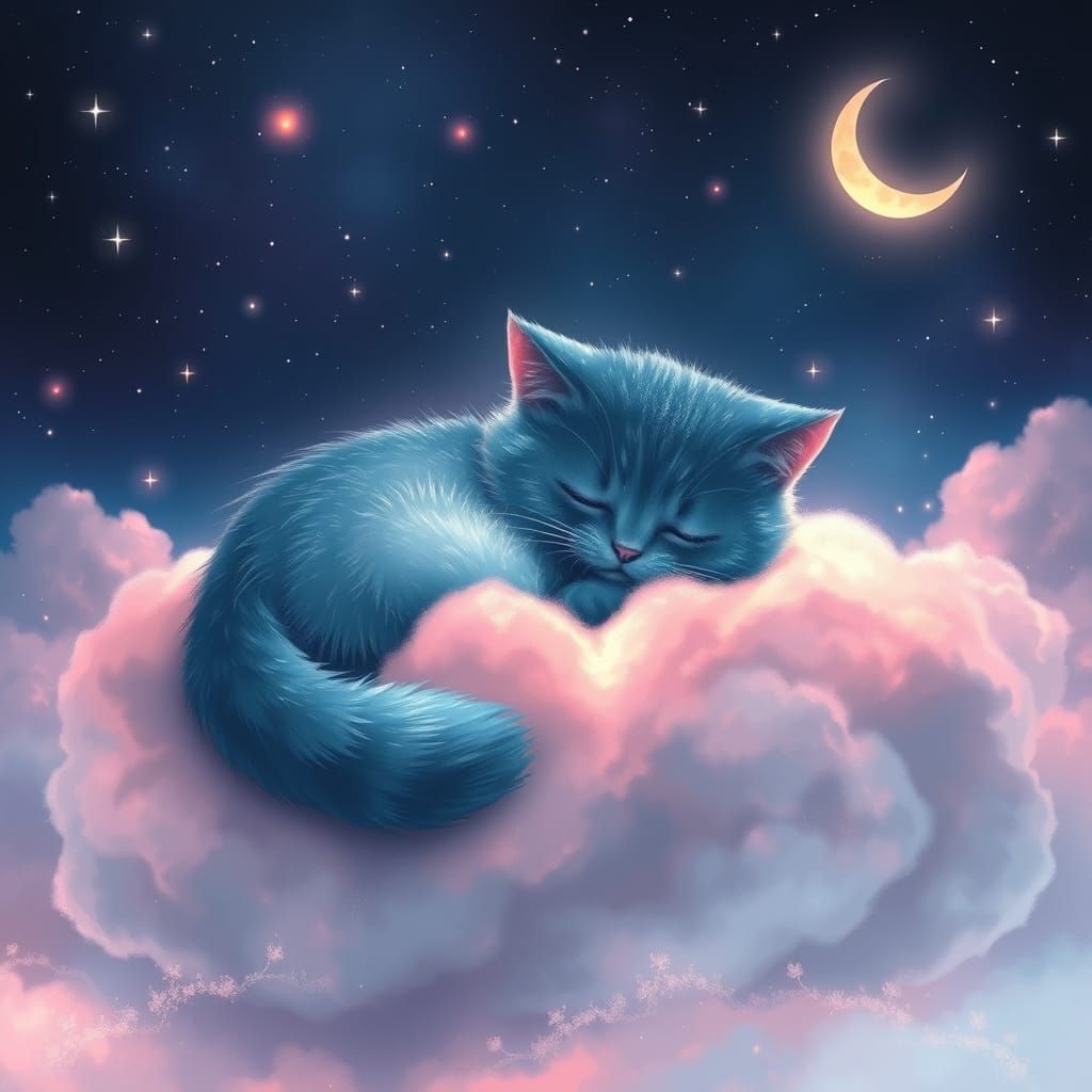 Fluffy Blue Cat Sleeps on Pink Cloud