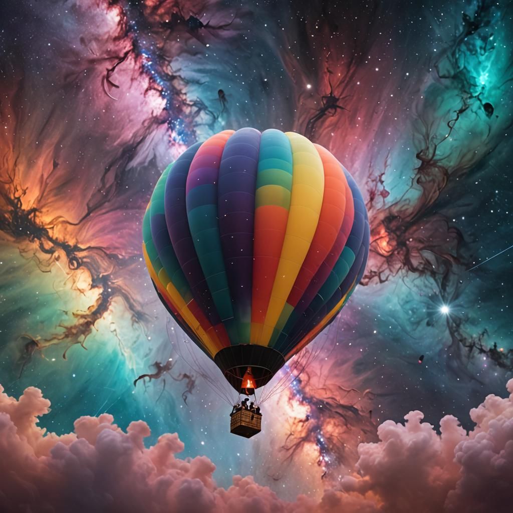 Vibrant silence as a hot air balloon floats weightless in the vastness of space.