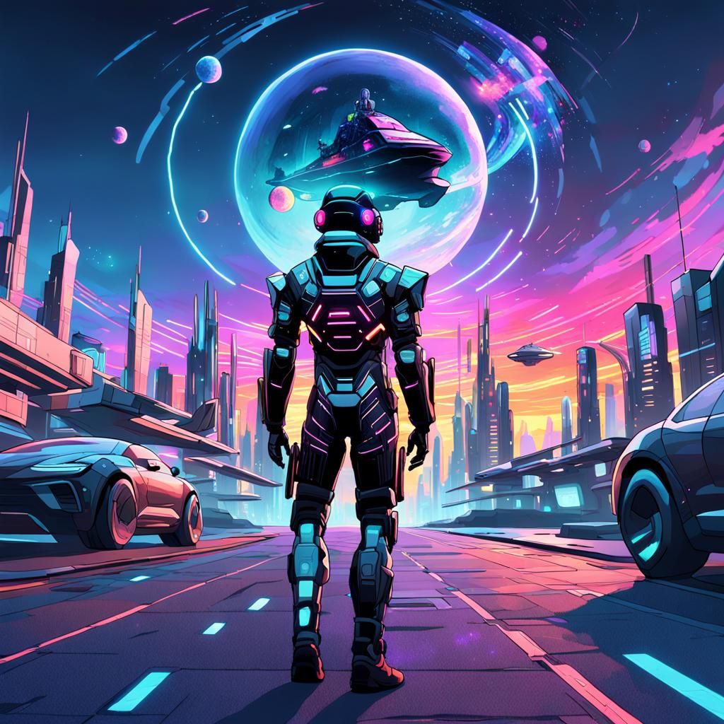 Cyberpunk Figure in Neon City with Galaxy Head