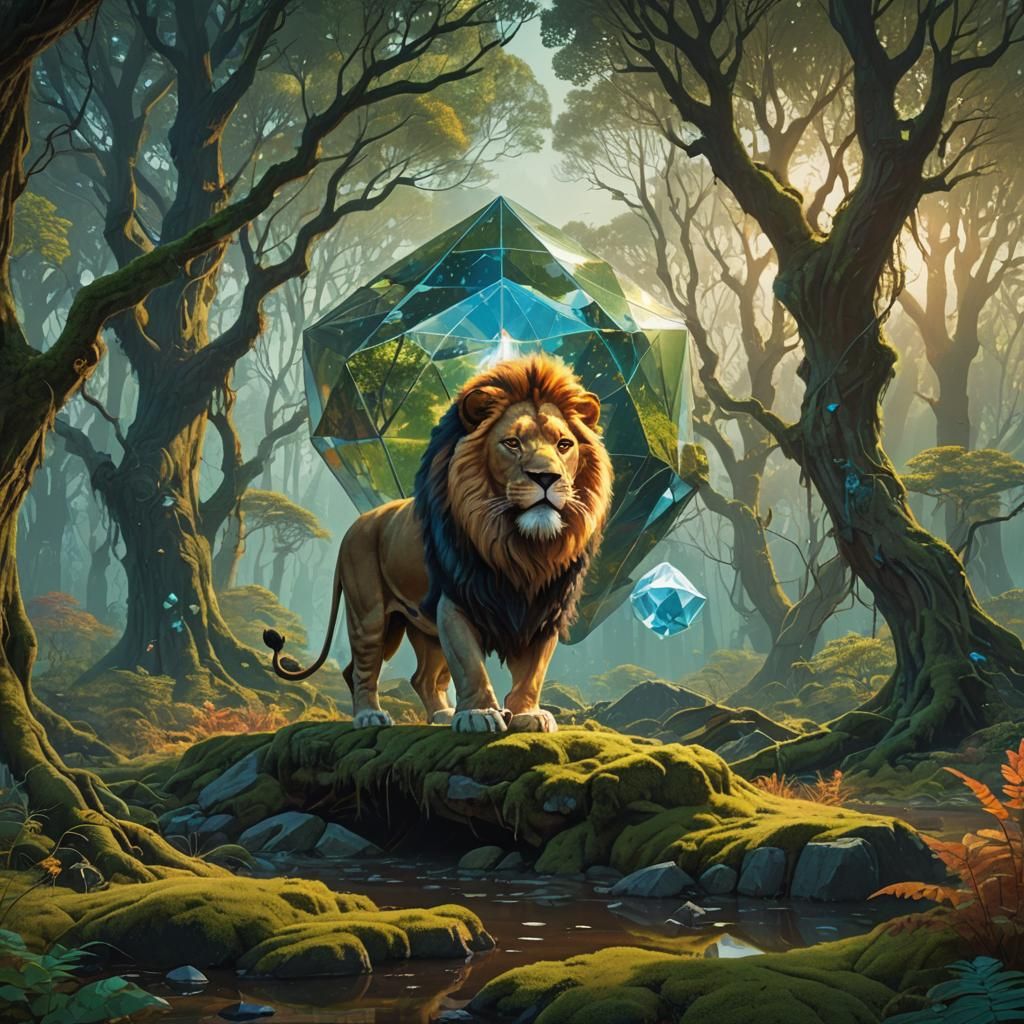 Lion and Diamond in Mystical Forest Concept Art