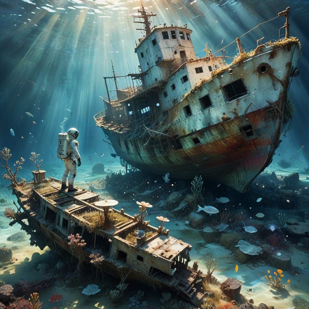 Whimsical Abandoned Shipwreck Scene in Watercolor Style