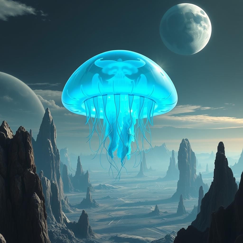 3d glowing jellyfish in the sky, an alien planet, hyper detailed, geometric shapes, strange rock formations, hyperrealis...
