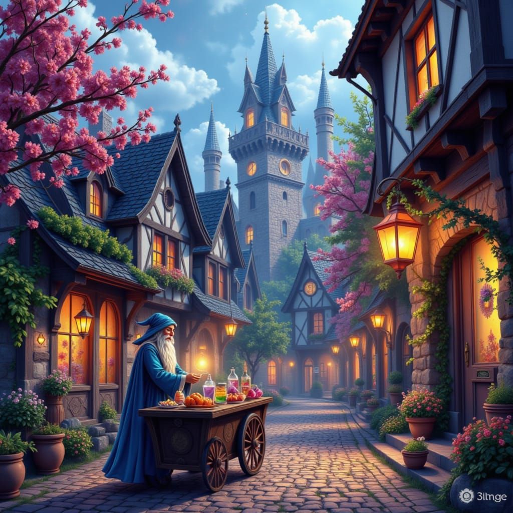 Aetherpunk Wizard Sells Potions Before Castle in Realistic D...