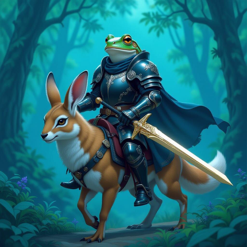 Frog Knight Rides a Jackalope in Blue Forest